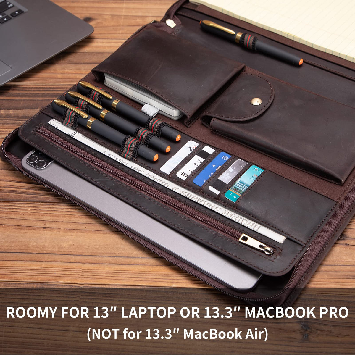 Geslun Genuine Leather Portfolio with Front Pocket for Men and Women, Zippered Padfolio Binder 8.5 x 11 Legal Pad Notebook Holder, Fits 13” Laptop, Professional Work File Case, Dark Brown
