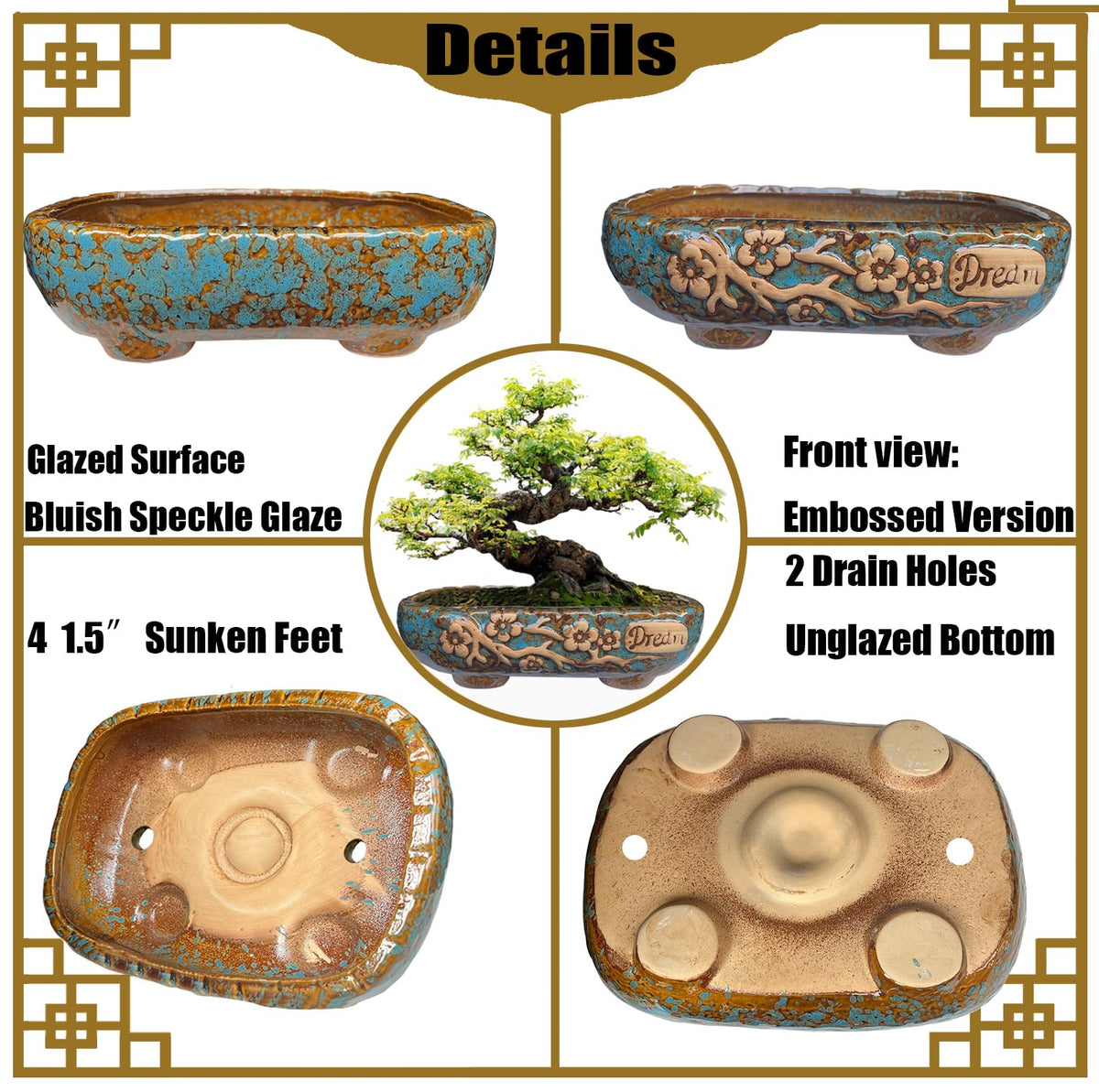 MUZHI 9.5” Rectangular Ceramic Rustic Bonsai Planter Pots with Drip Tray, Glazed Vintage Wide Mouth Shallow Pottery Bonsai Flower Planter Pots with Saucer