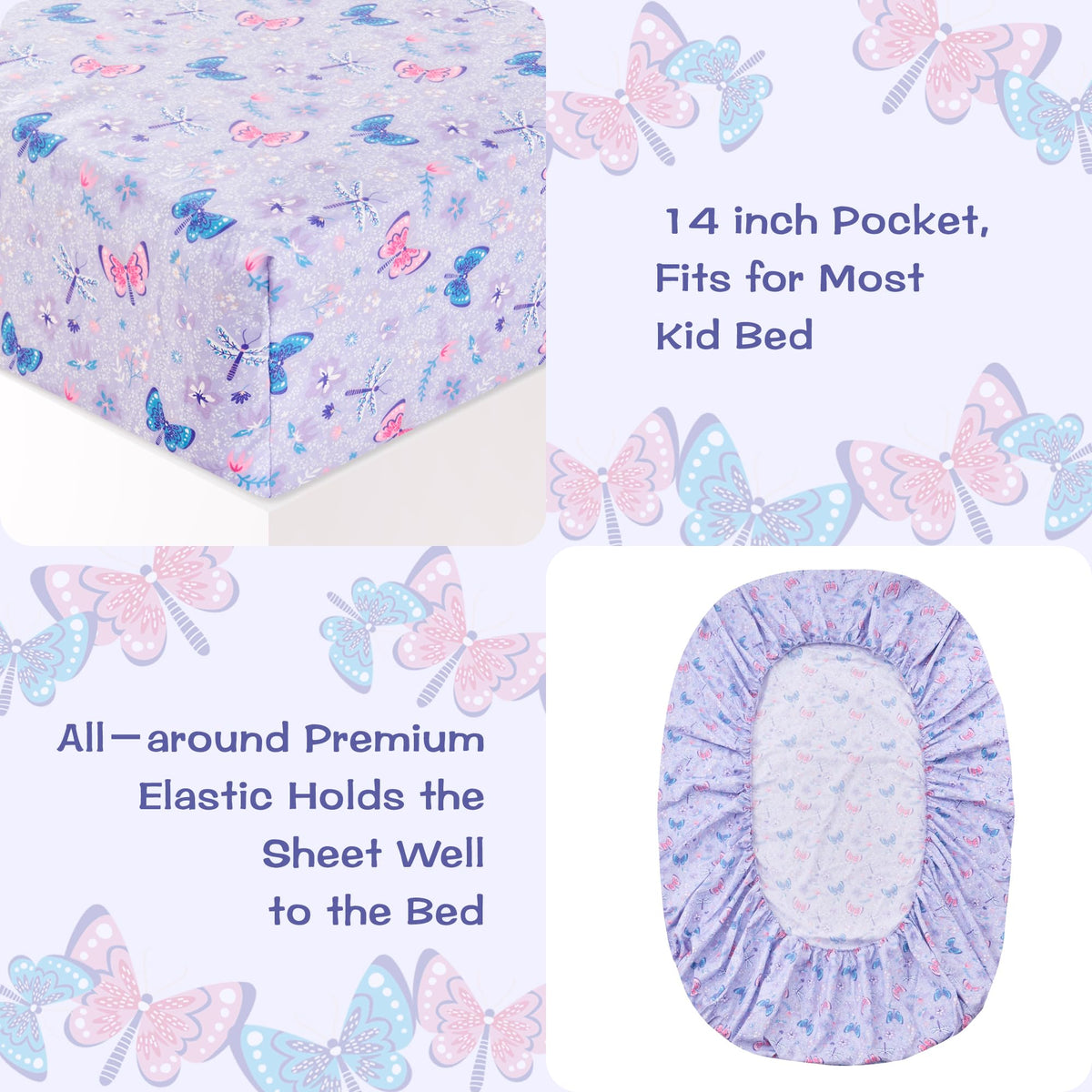 lasoftan Kids Sheet Set Twin Size 3 Pcs, Girls Sheet Set with Floral Butterfly Pattern，Kids Twin Fitted Sheet，Breathable & Silky Soft Microfiber Fitted Sheet