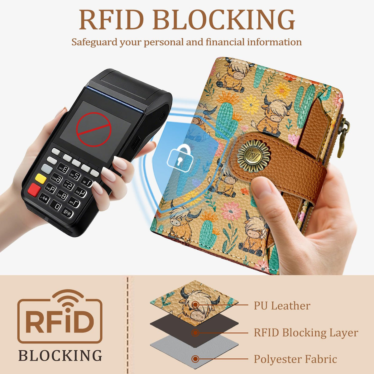 Icycay Highland Cow Small Wallet Women RFID Blocking Bifold, Cute Credit Card Holder, Zipper Coin Pocket, PU Leather, Compact, Travel, 4 ID Window, 14 Card Slots, Cash Purse, Ladies Woman