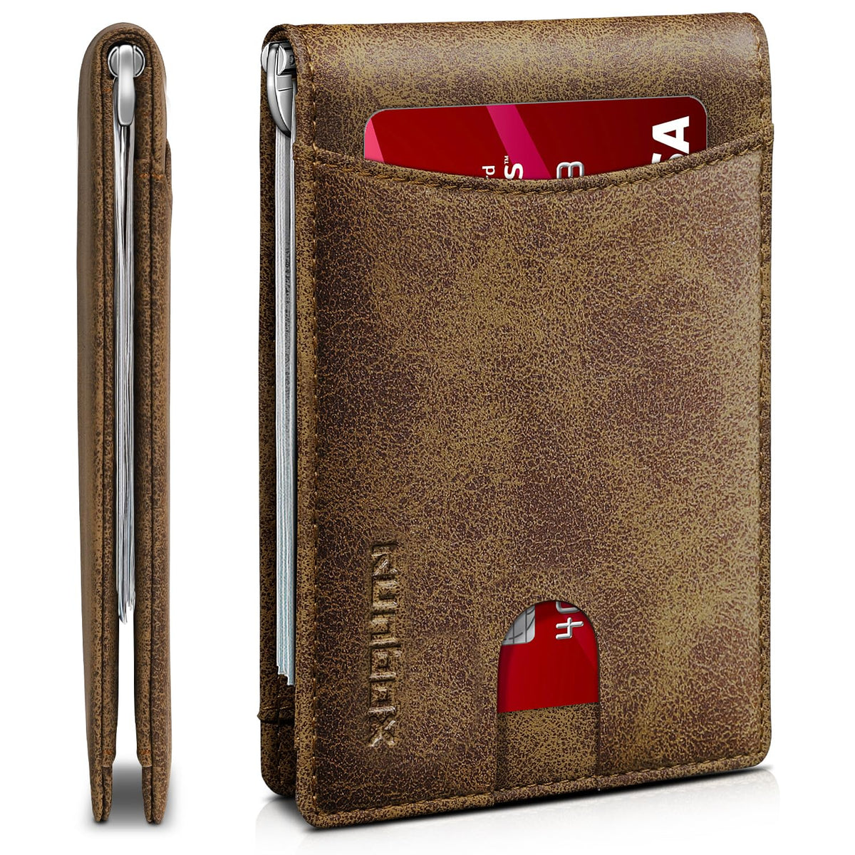 RUNBOX Slim Wallet for Men Genuine Leather RFID Blocking Bifold Minimalist Front Pocket Mens Wallet with Money Clip Thin Gift Box