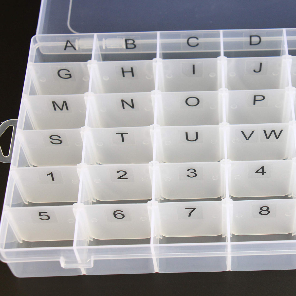 Plastic Organizer Container Box with Adjustable Dividers - 36 Compartments for Letter Board Letters - Stickers Pre Applied to Dividers