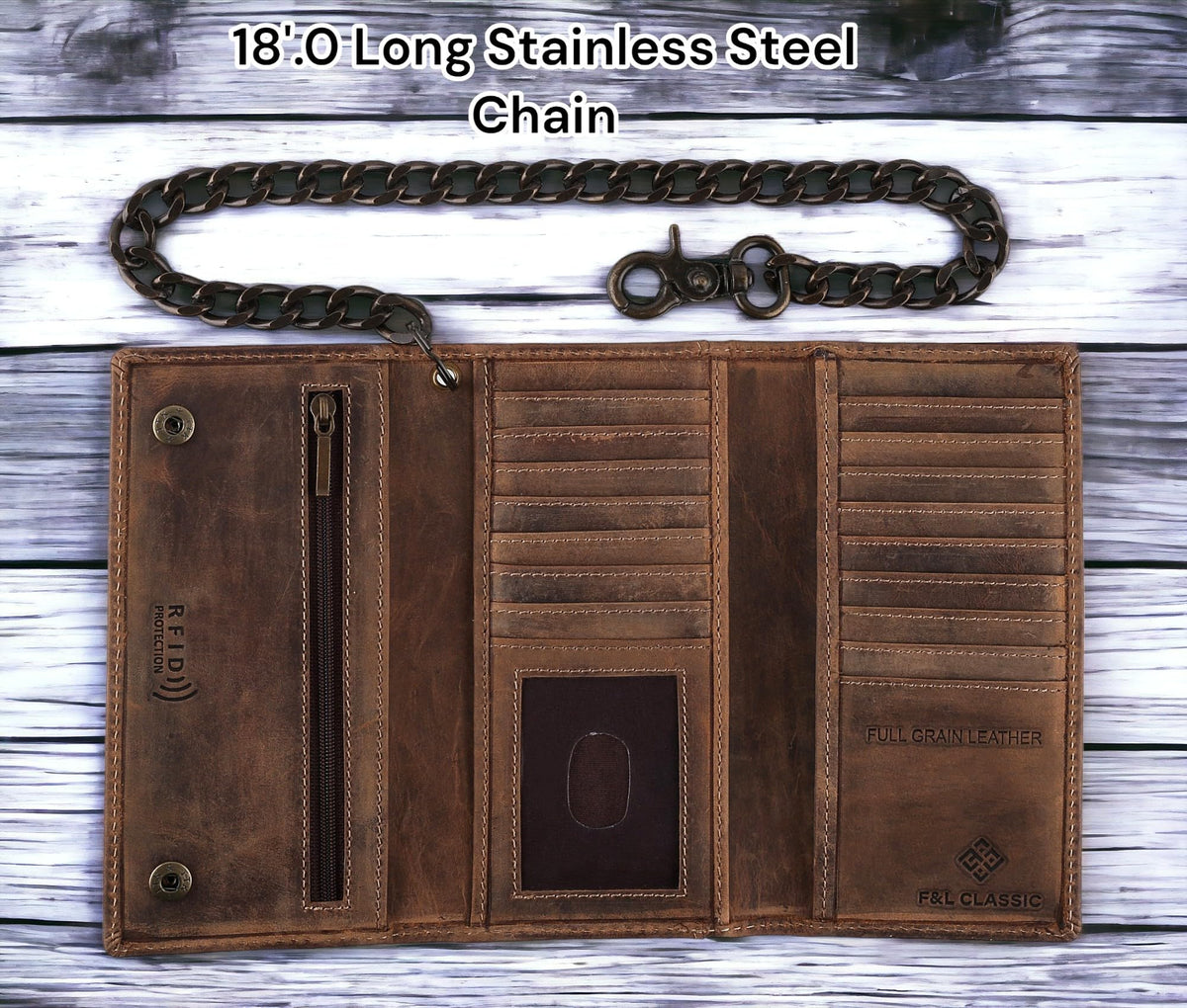 F&L CLASSIC RFID Blocking Mens Tri-fold Long Style Cowhide Leather Steel Chain Wallet,brown distress with skull,212-70