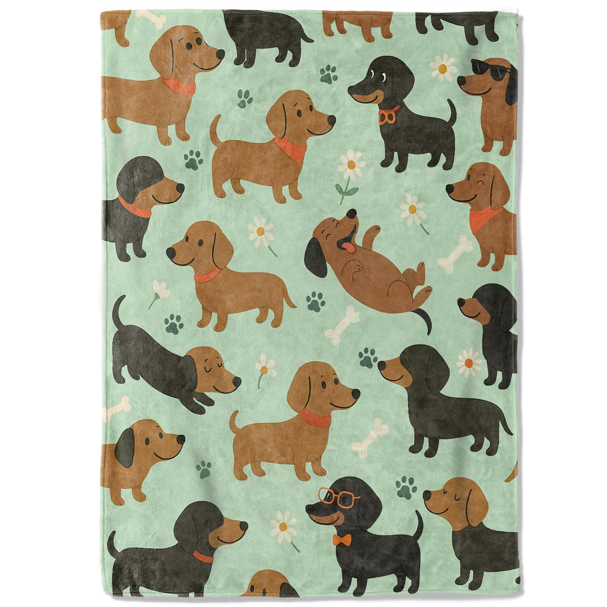 coedoaes Cute Dachshund Dog Fleece Blanket,50x60in,Playful Wiener Dogs Glasses Bones Flower Mint Green Throw Blankets,Soft Cozy Lightweight, Ideal for Bed Living Room Home Whimsical Pet Decor,Gifts