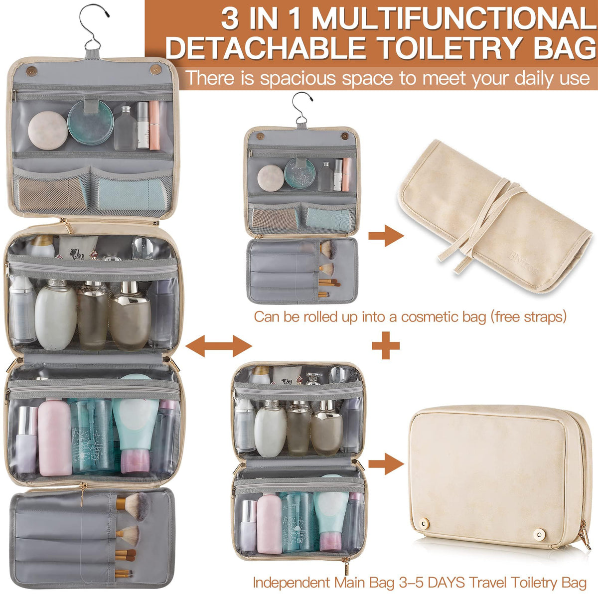 Elviros Hanging Travel Toiletry Bag for Women, 3-in-1 Large Makeup Bag and Cosmetic Organizer, Vegan Leather Waterproof Skincare Case for Travel Size Toiletries and Accessories, Gift for Women