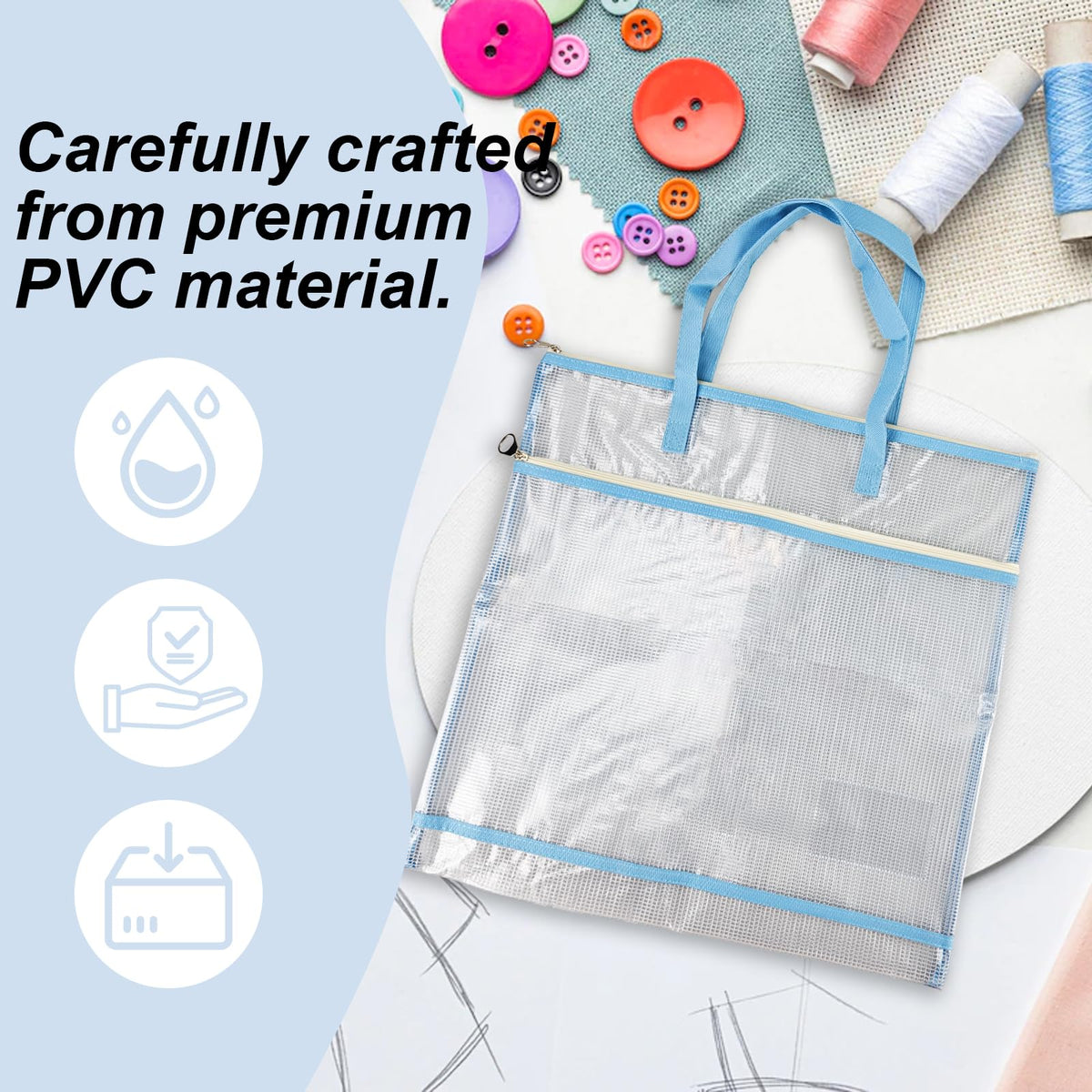 Daxolanz Jumbo Craft Project Bag 16.5”x16.5” – Portable See-Through Mesh Sewing Organizer with Handles & Zipper, Ideal for Quilting, Knitting, Needlepoint, Embroidery & Art Projects (Blue)