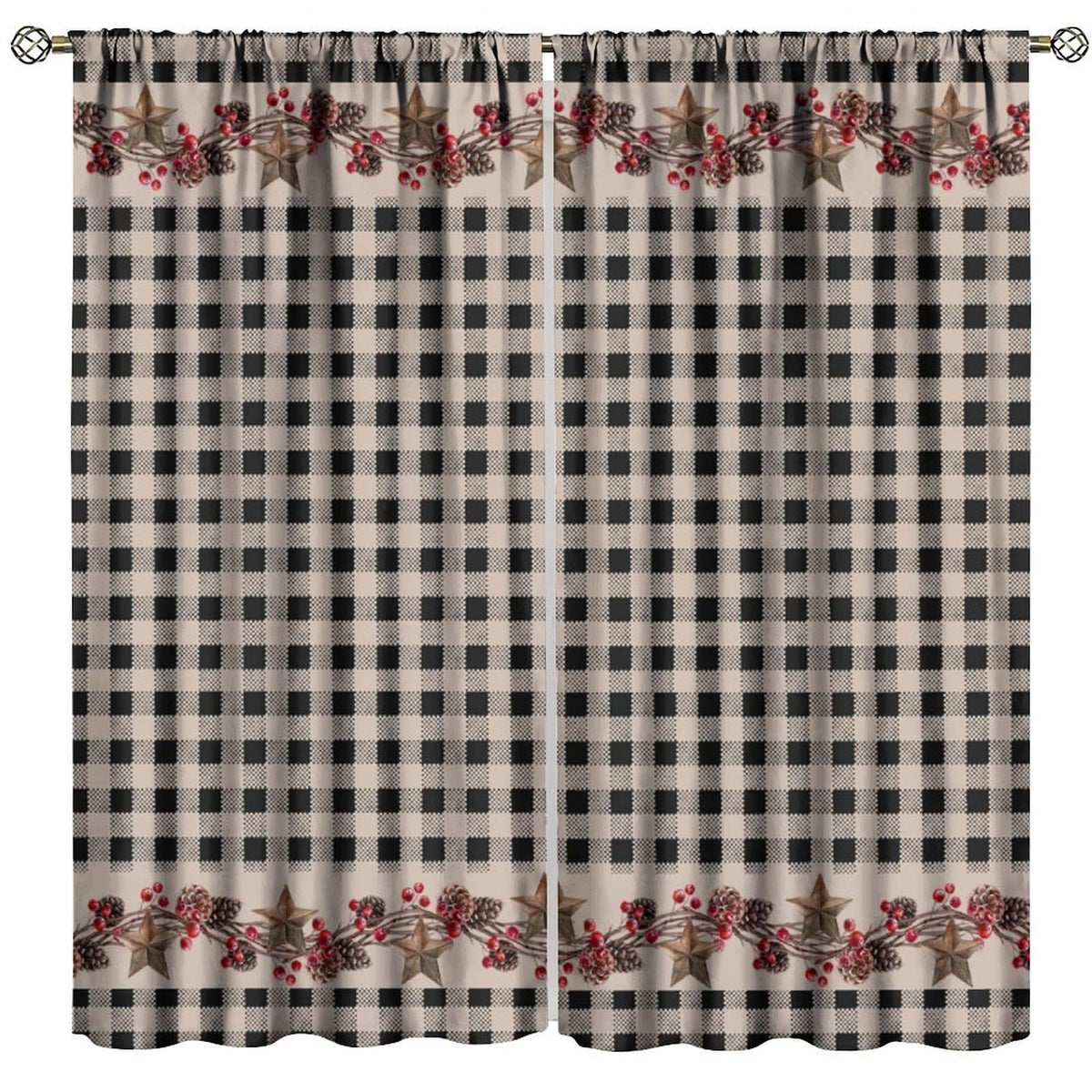 Nanacur Rustic Farmhouse Curtains, Vintage Country Black White Buffalo Plaid Pine Cone Berry Western Texas Print Window Treatments for Kitchen Bedroom Cafe, 42" W X 45" L