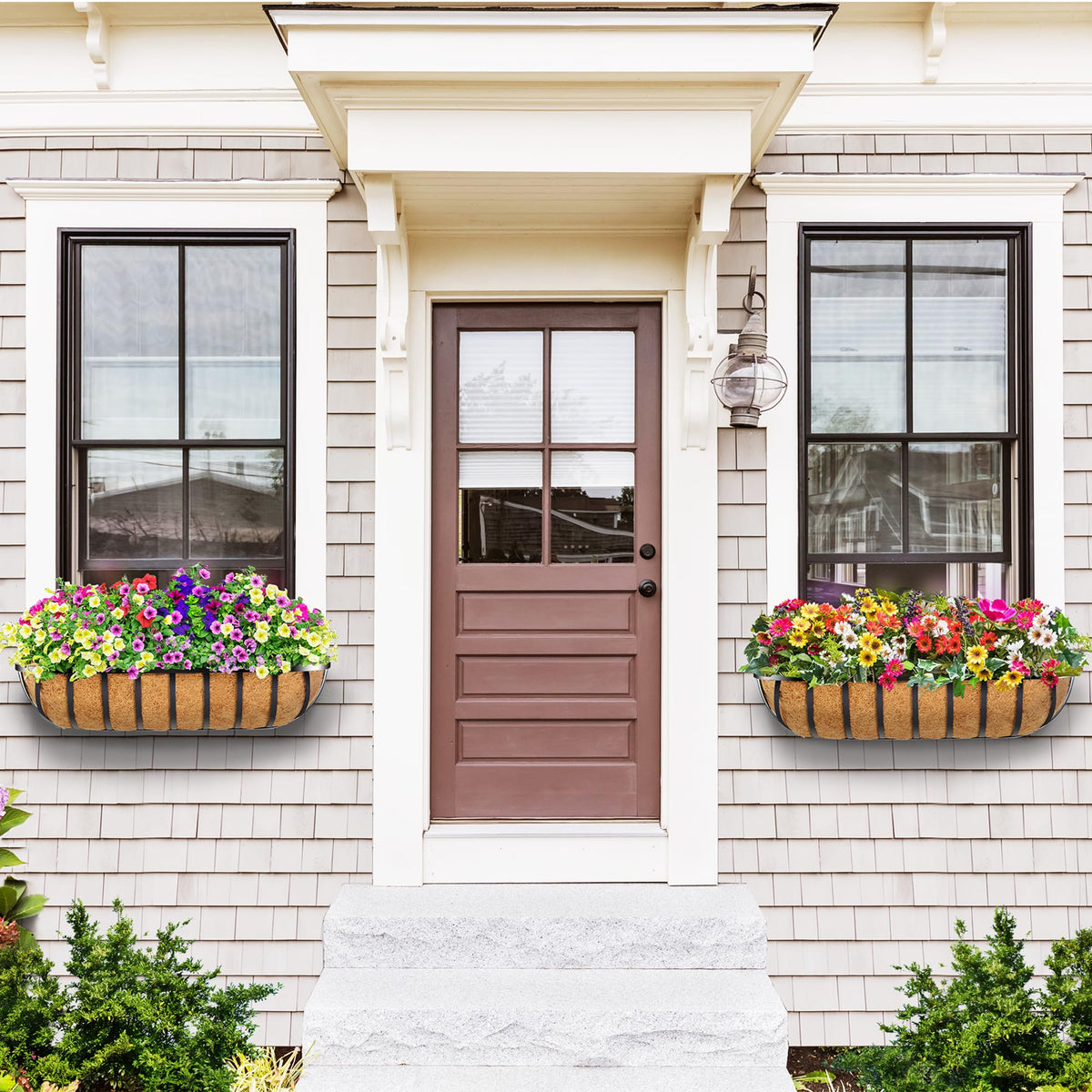LAWYAMAI 30 Inch 4 PCS Window Box Deck Railing Planter with Coco Liners, Hanging Flower Planters Black Metal Baskets for Indoor Outdoor, Balcony, Porch, Fence, Lawn and Patio