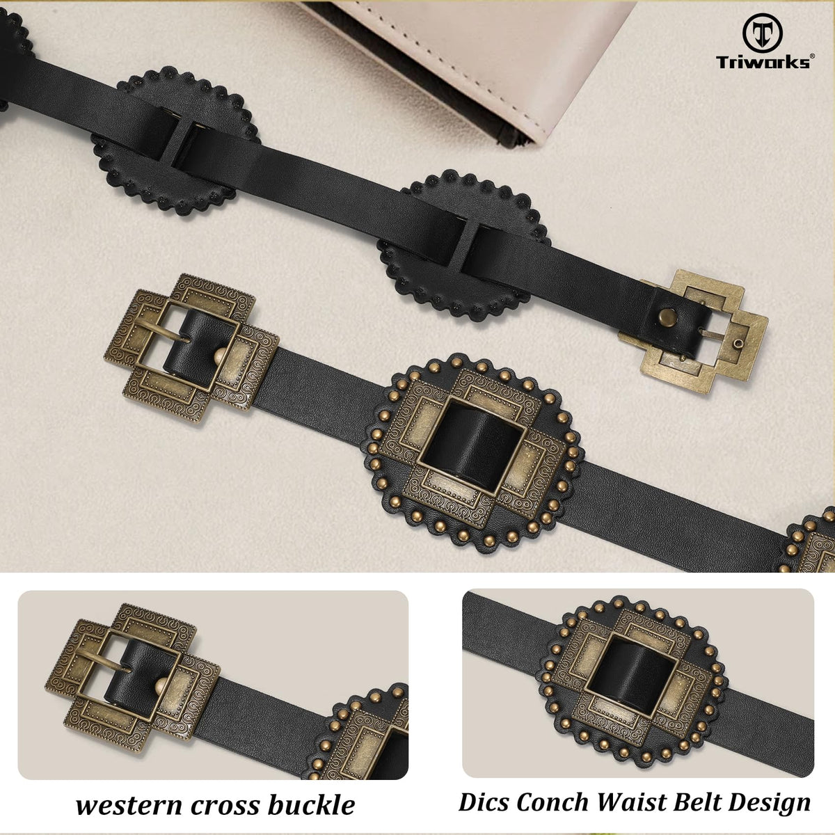 TRIWORKS Women Western Concho Leather Belt Cowgirl Boho Belt Chunky for Dresses Concert Festival