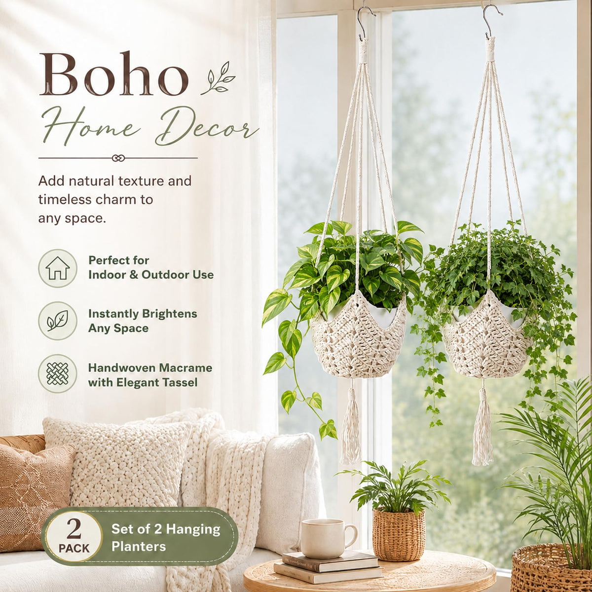 LAGWIUY 40 Inch Macrame Plant Hanger 2 Pack, White Hanging Planters with S-Shaped Hooks for Indoor Outdoor Plants, Home Decor