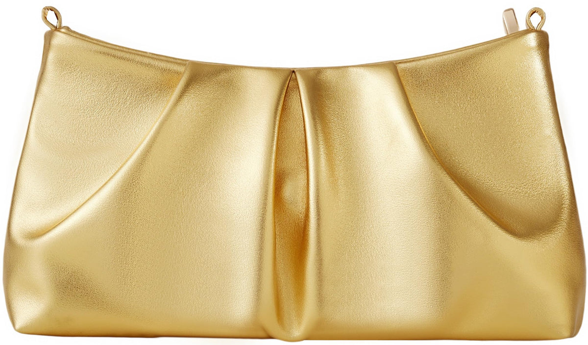 Vegan Leather Evening Bag Ruched Clutch Purse for Women Detachable Metal Chain Crossbody Bag（Gold）