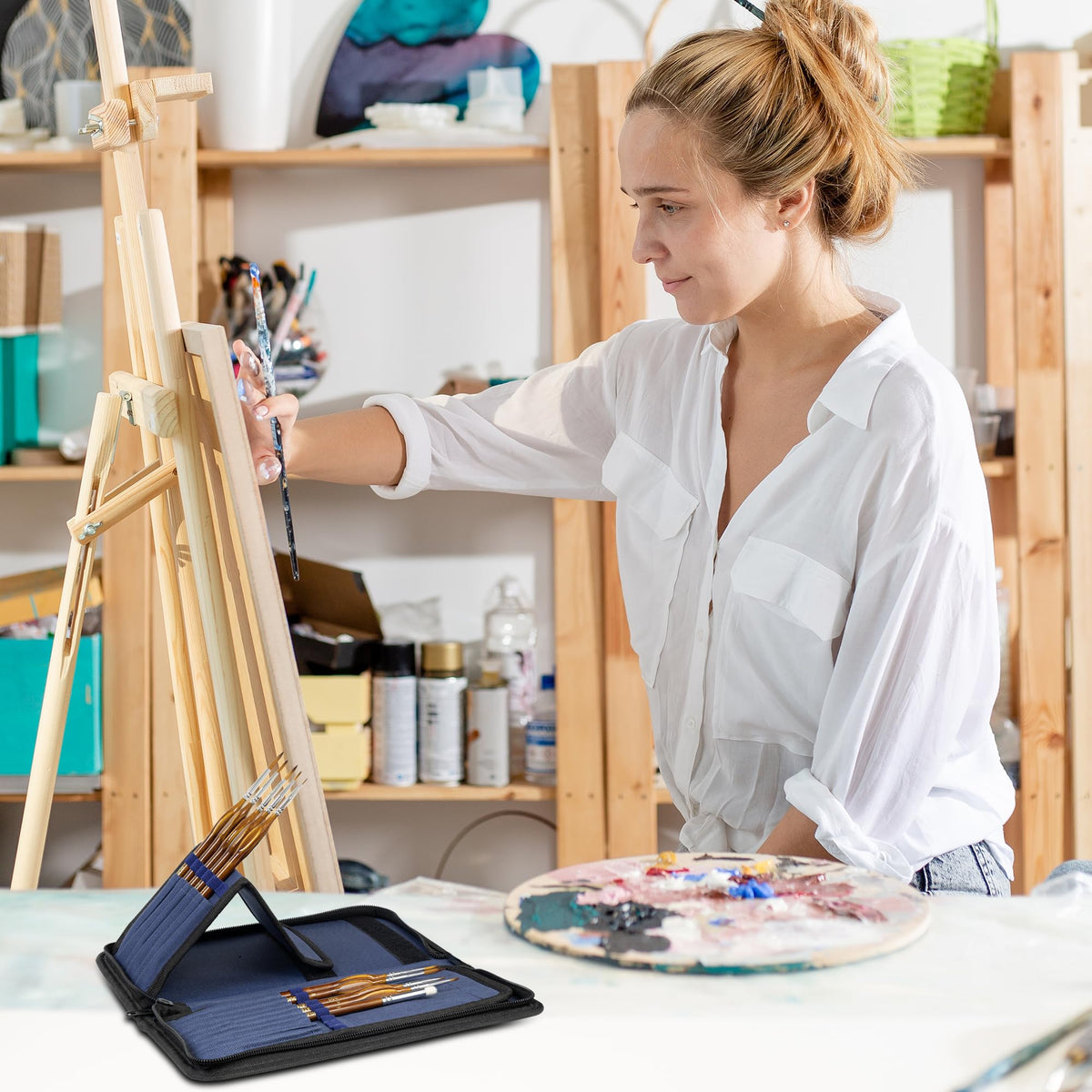 DUGATO Short Paint Brush Holder & Organizer 5.4x10.7 Inches, Blue Canvas Bag for Brushes up to 9.3" Length, Case with 15 Slots, Artist Brush Carrying Case (Brush Not Included)