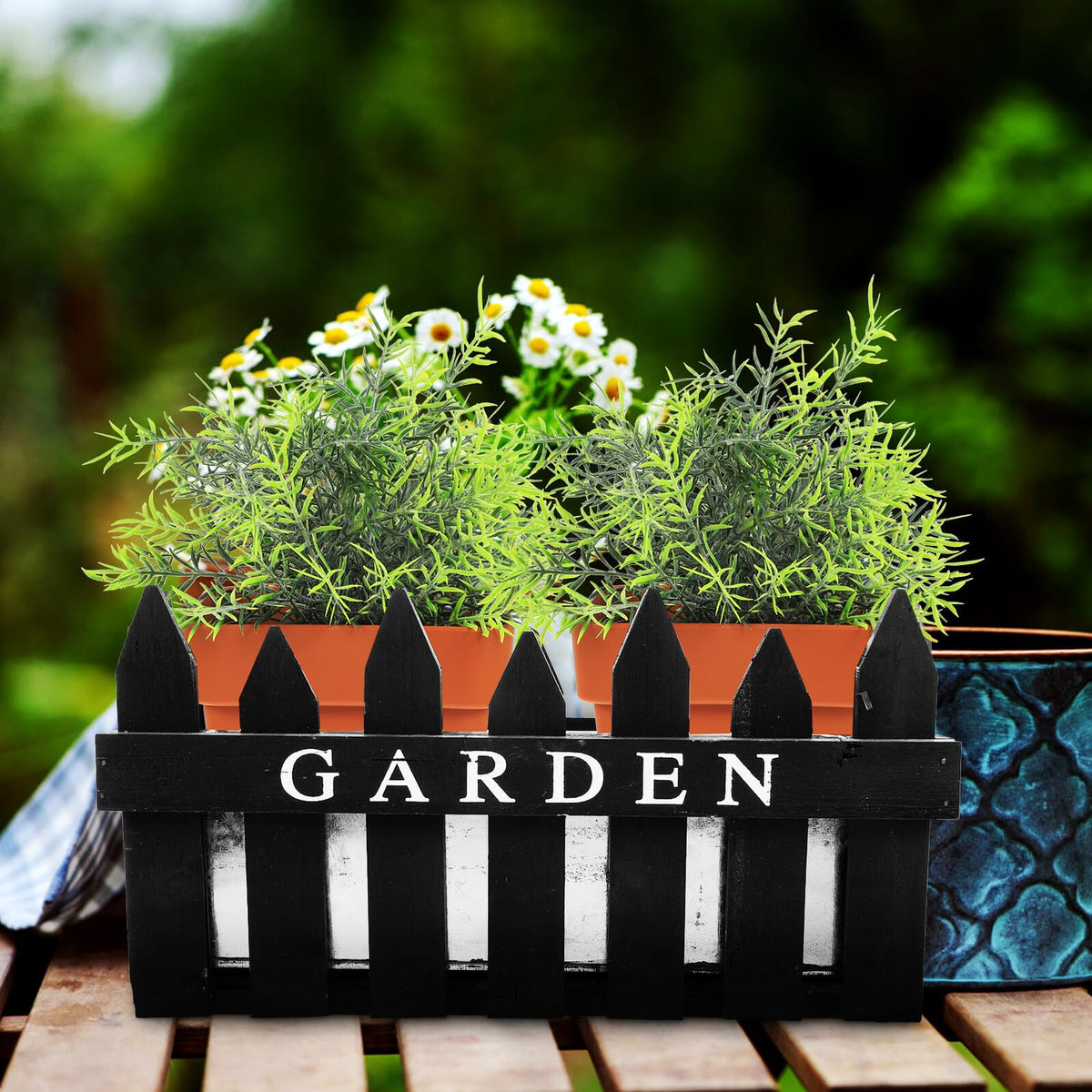 INOOMP Rectangular Wooden Flower Pot Planter Box with Decorative Fence Design, Nordic Style Balcony Planting Basket for Indoor Outdoor Garden Use, Black Wood Material