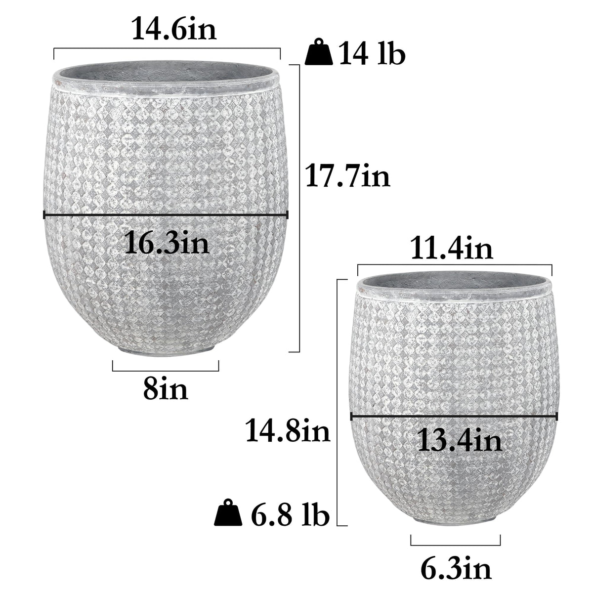 Worth 12" and 14.5" Round Planters, Lightweight Magnesium Oxide Cement Plant Pot, Raised Pattern Concrete Look with Drainage Hole, Grey