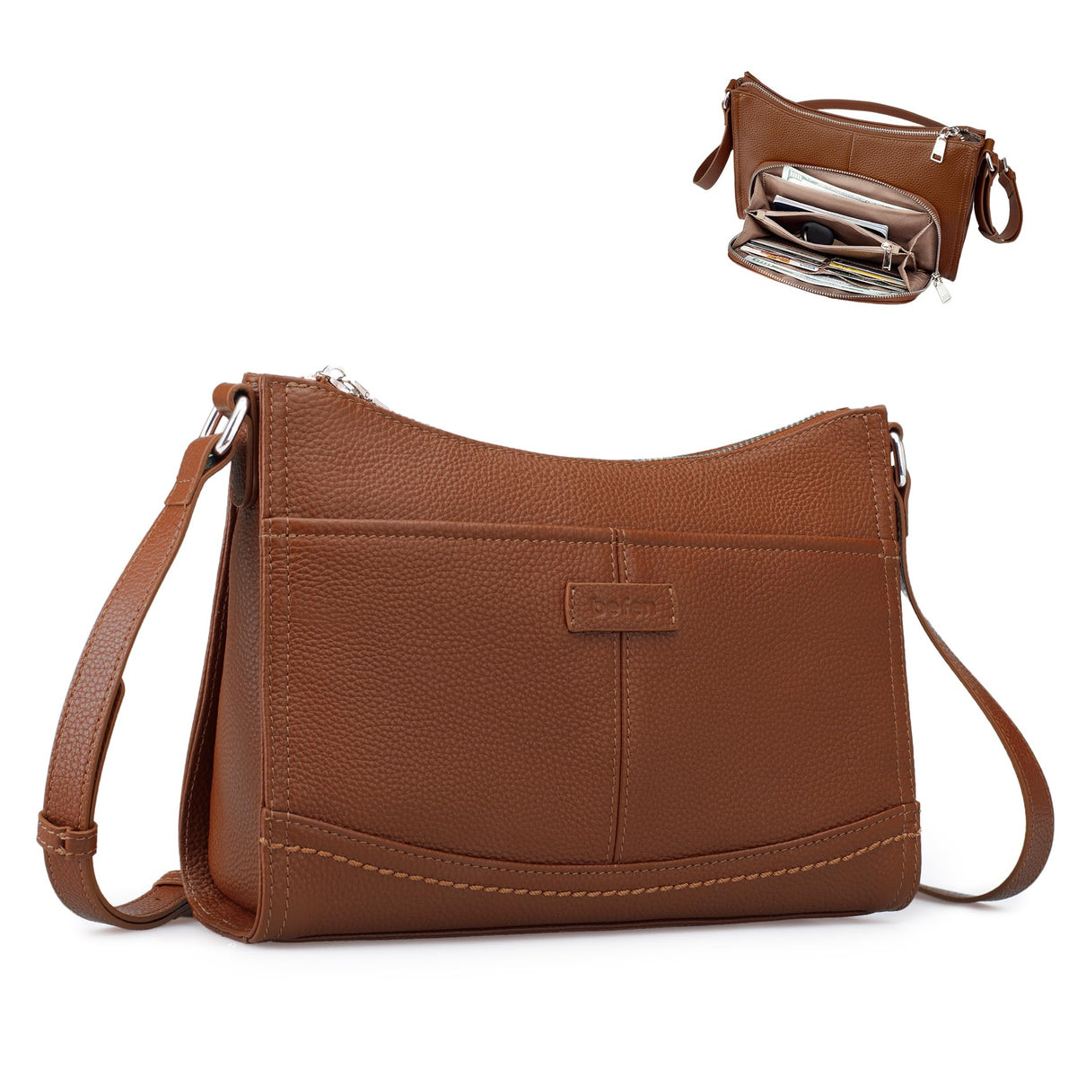 befen Real Leather Crossbody Purse for Women, Women's Small Leather Purses Cross Body Bag with Built in RFID Blocking Wallet Cognac Brown