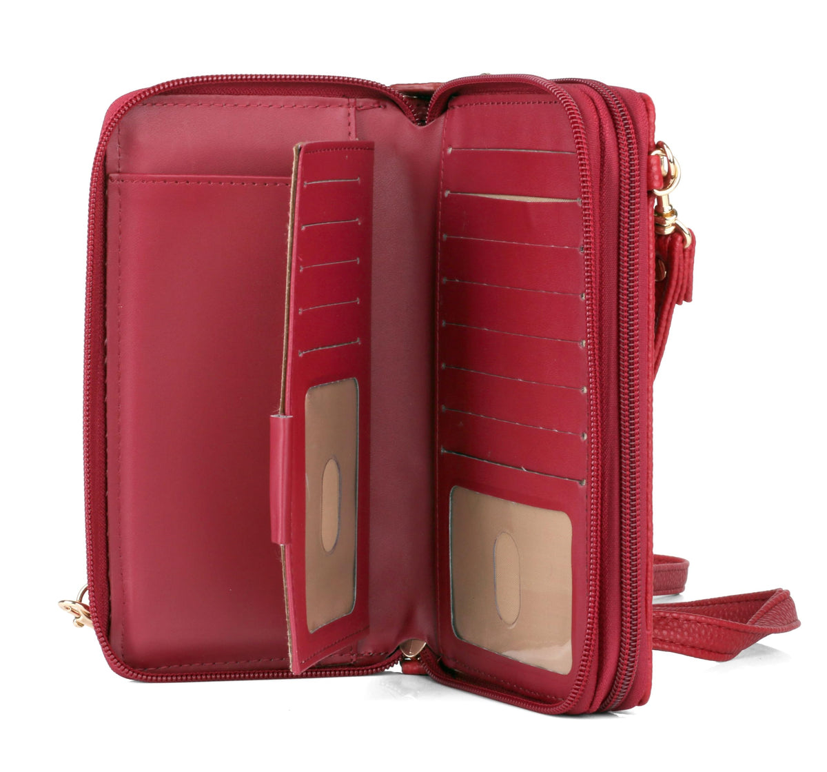 Julia Buxton RFID Blocking Wallet on a String for Women - Compact Crossbody Bag with Removable Wristlet Strap, 15 Card Slots & Multiple Zip Pockets, Red
