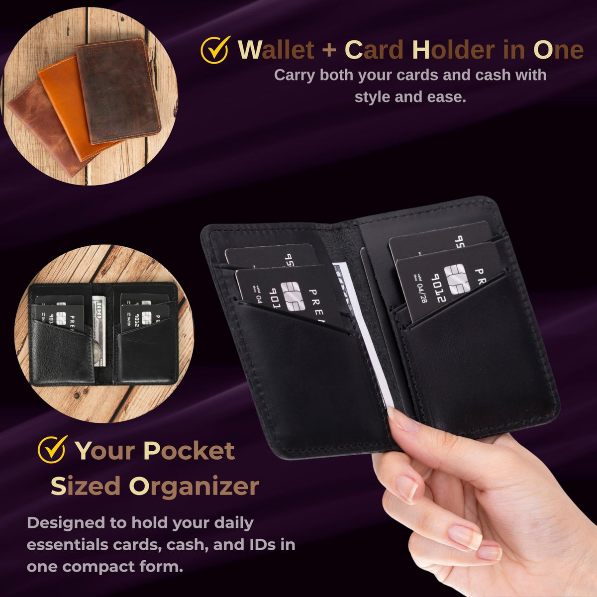 VENOULT Genuine Leather, Bi-fold Card Holder, Wallet with 4 Credit Card and 2 Cash Slots for Man or Women, (4.3 x 3.1 x 0.25 in), Slim Minimalist Design, Handcrafted (Rustic Black)
