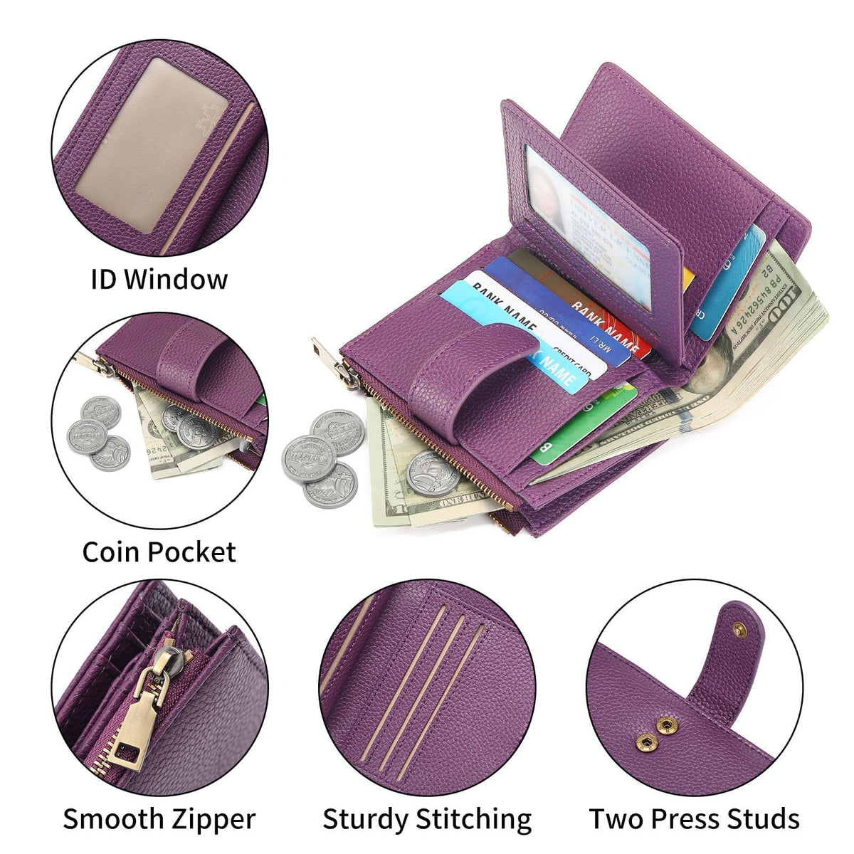 GAEKEAO Small Wallet for Women, Bifold Vegan Leather RFID Blocking Ladies Compact Card Holder with Zipper Pocket & ID Window