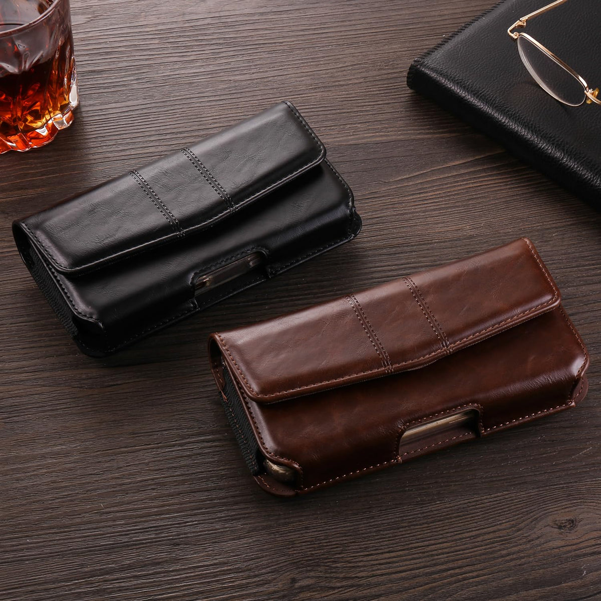 INGIDO Phone Holster Compatible with iPhone 16 15 14 13 12 and Pro, Galaxy S25 S24 S23 S22 S21 S20, Leather Phone Pouch with Metal Belt Clip, M-Coffee