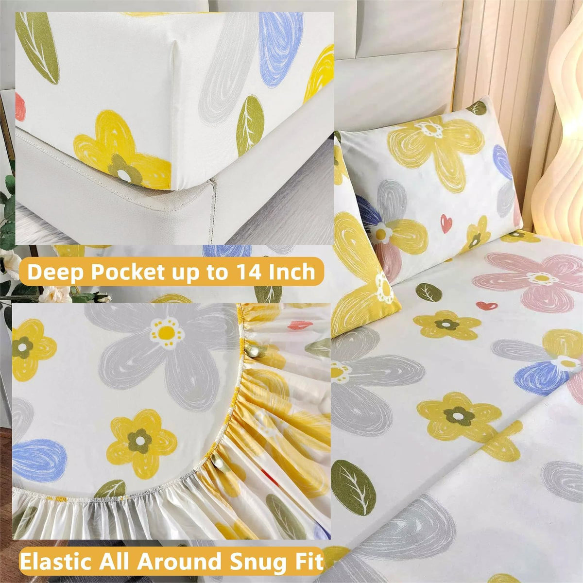 SDIII 4 Pieces Yellow Floral Sheets Set Full, Soft Microfiber Floral Bed Sheets Full Size Deep Pocket, Cute Flower Bedding Sheet for All Season