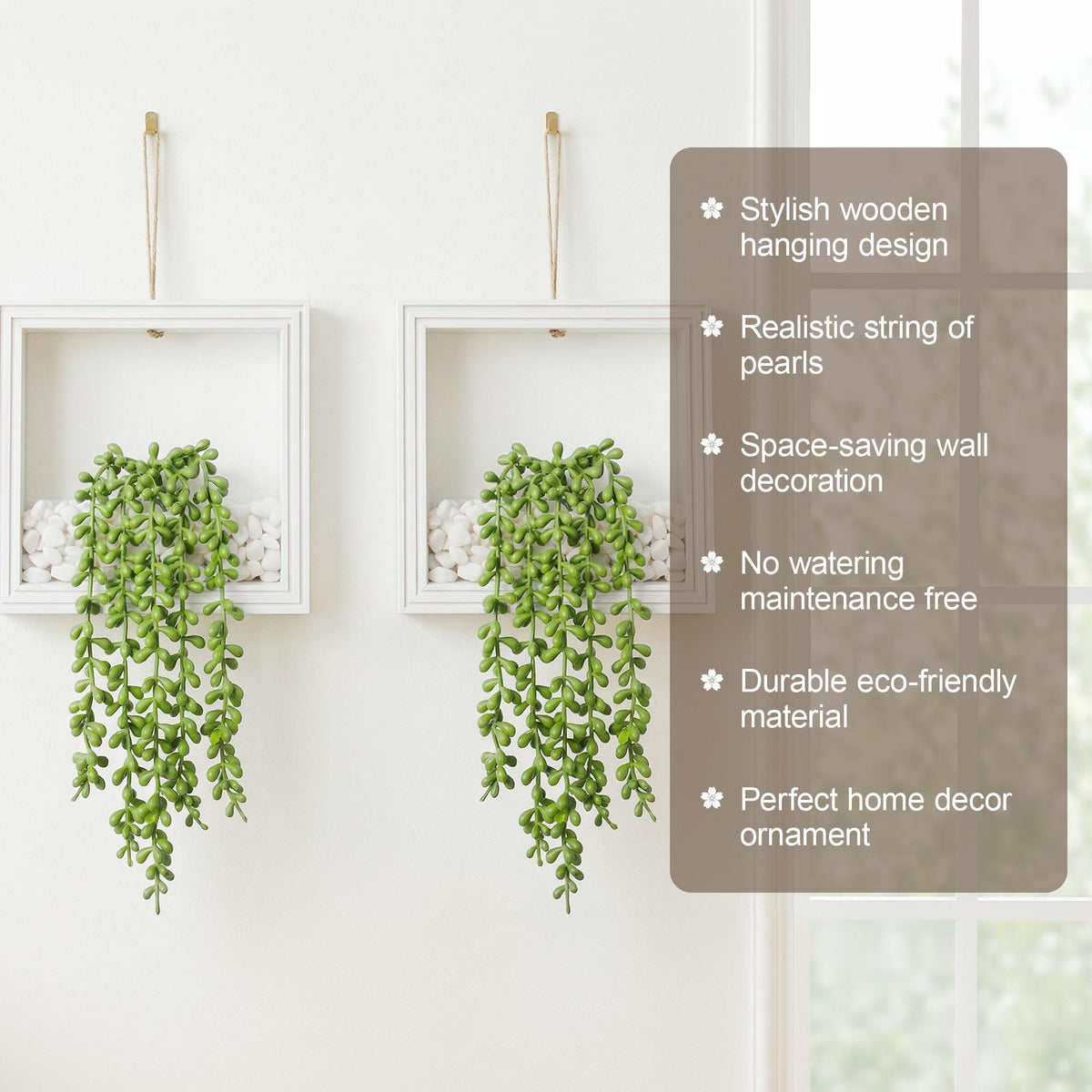 FancyPlus 2 Pack Fake Plants Hanging, Artificial Succulents Plants in Square Wooden Frame with LED Lights, Boho Wall Decor for Office Living Room Bathroom Bedroom Kitchen Indoor Outdoor, White