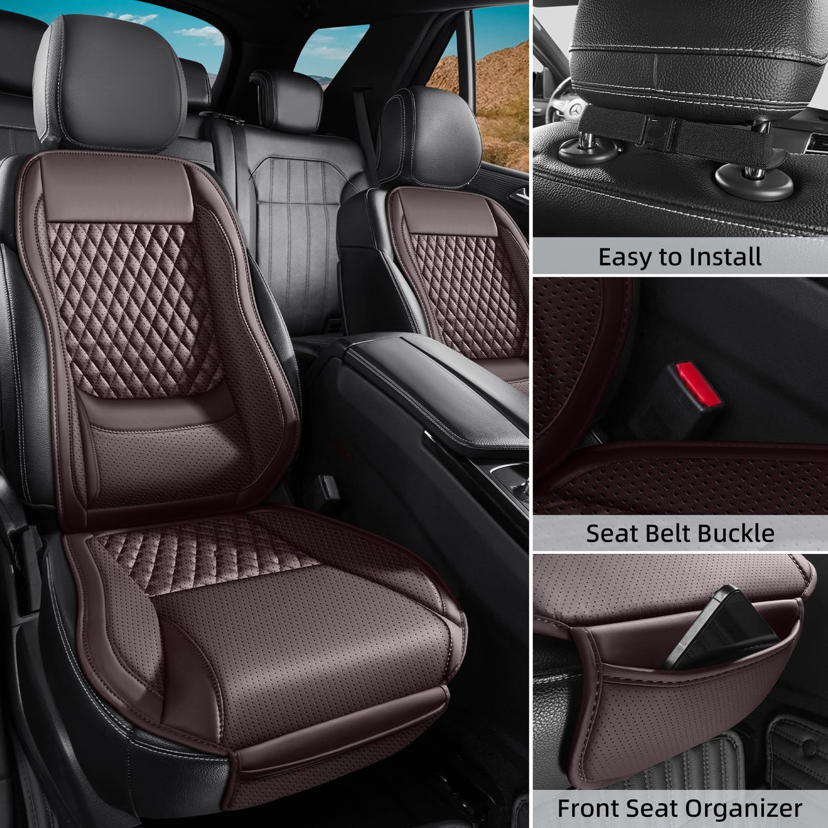 AuraSettle Premium Perforated Napa Leather Car Seat Covers Semi Universal Fit with Lumbar Support, Storage Bag for SUV Sedan Truck (Coffee Brown, Front Row Two Seats)