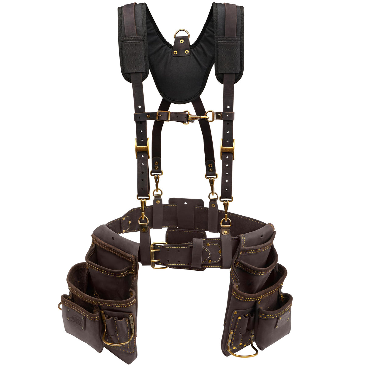 OX Pro Oil Tanned Leather Tool Belt with Padded Suspenders Leather Carpenter Tool Belt with Suspenders and Pouches Dual Hammer Holsters for Men - Morrales Para Carpintero