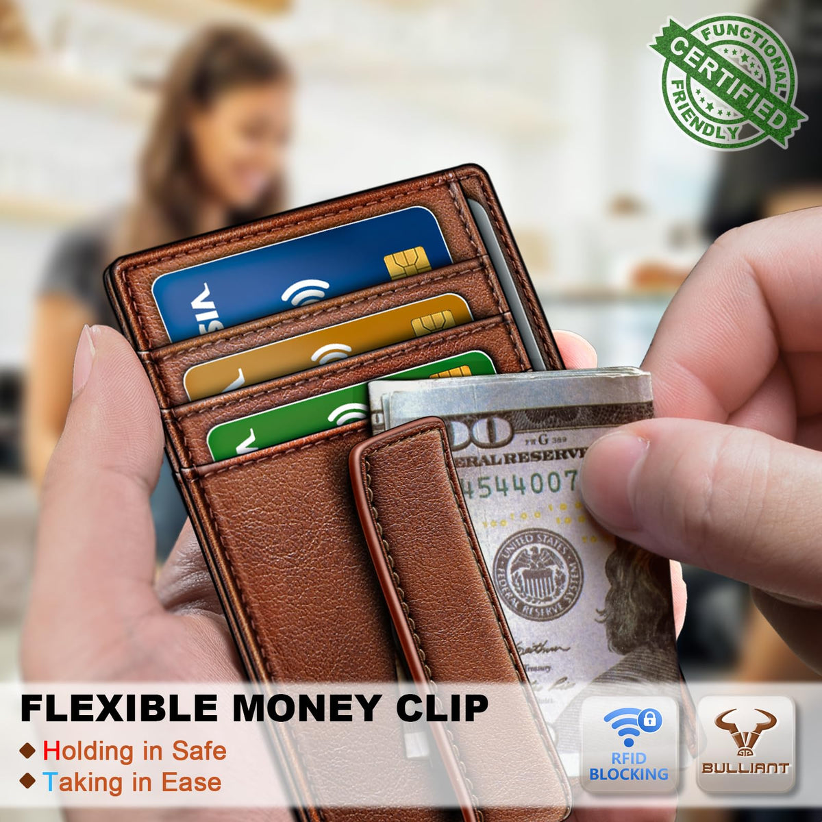 BULLIANT Men Wallet,Slim Leather Wallet Money Clip Card Hodler For Men Gift 8 Cards RFID Blocking