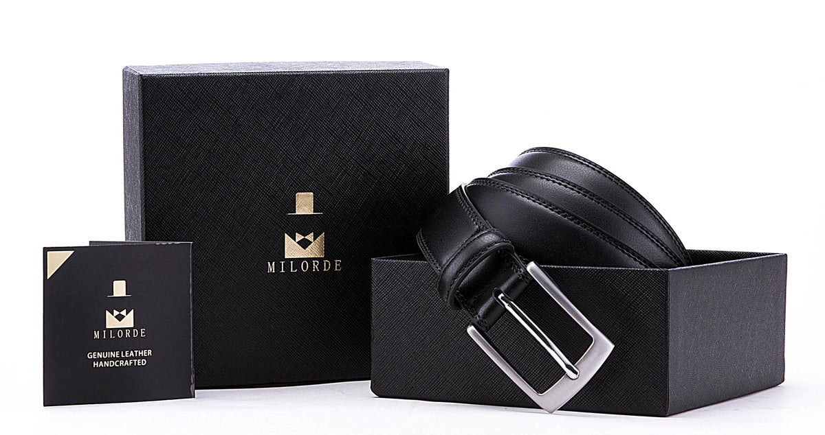 MILORDE Leather Black Belt, Fashion & Classic Design for Dress and Causal (Size 46 (Waist 44), Basic Black)