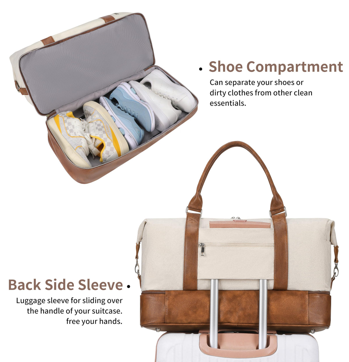 Oeihuivt Weekender Bags for Women - 21 Inch Large Travel Duffel Bag 3-Piece Set with Shoe Compartment, Heavy-Duty Canvas & Leather Carry On Overnight Tote (Airplane Approved)