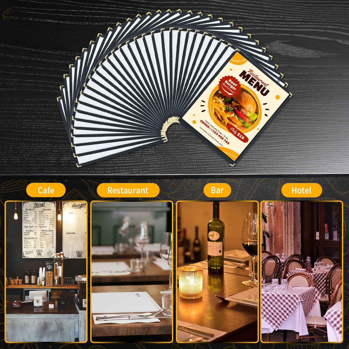 FLKQC Menu Covers 8.5 x 11 | Pack of 30 Restaurant Recipe Menu Covers Transparent Restaurant Menu Covers for Kitchen, Drink, Wine Menu Covers Black (8.5"x 11" (1 Page, 2 View))