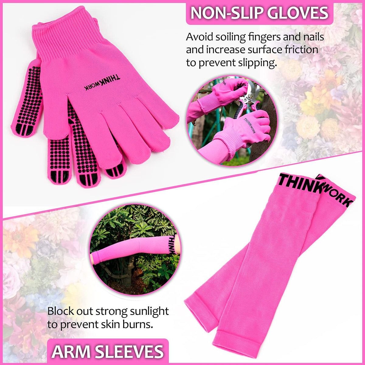 THINKWORK Pink Garden Tools, Gardening Gifts for Women, with 2 in 1 Detachable Storage Bag, Trowel, Transplanter, Rake, Weeder, Cultivator, Purning Shears and 3 Additional Protection Tools
