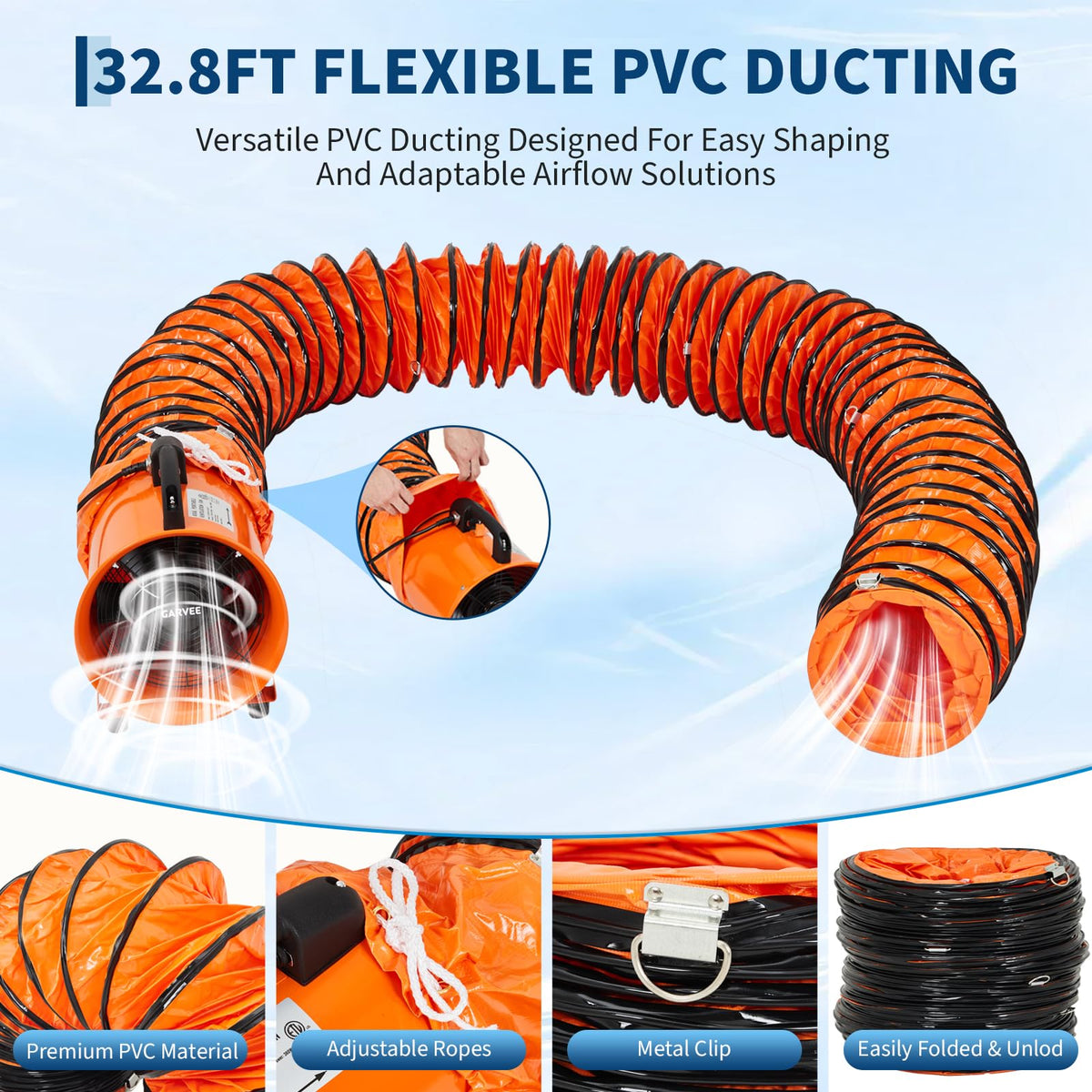 8 Inch Utility Blower Exhaust Fan, Portable Industrial Exhaust Fan with 32.8 ft Flexible Duct Hose, 1100 CFM Low-Noise Air Mover Blower Fan/Extractor/Ventilator for Basements, Workshops, Warehouses