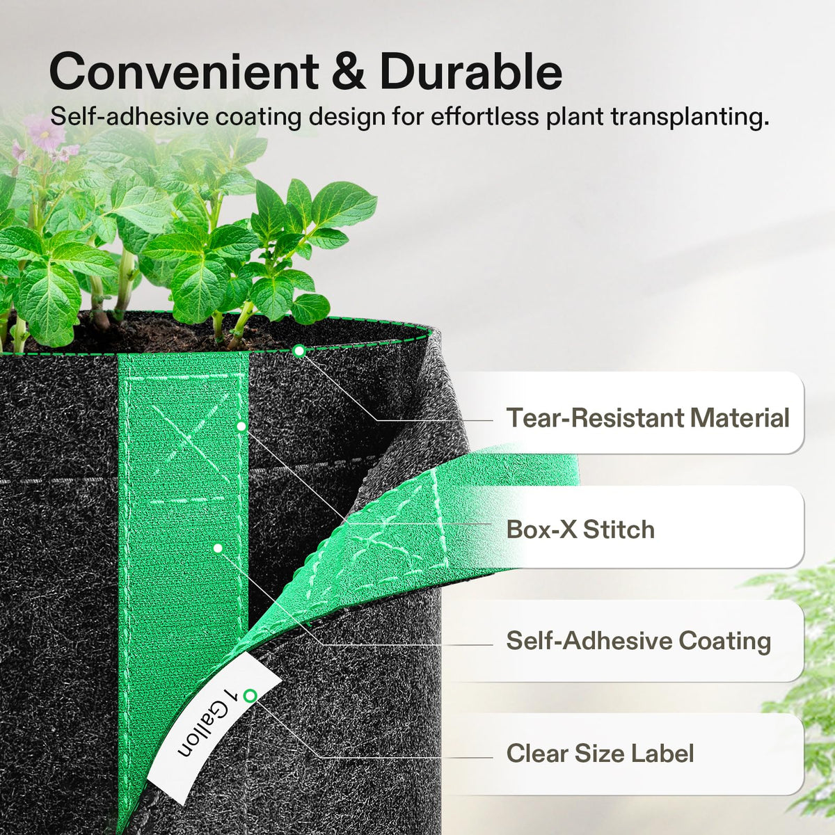 VIVOSUN 5-Pack 1 Gallon Grow Bags, Fabric Pots with Self-Adhesion Sides for Transplanting