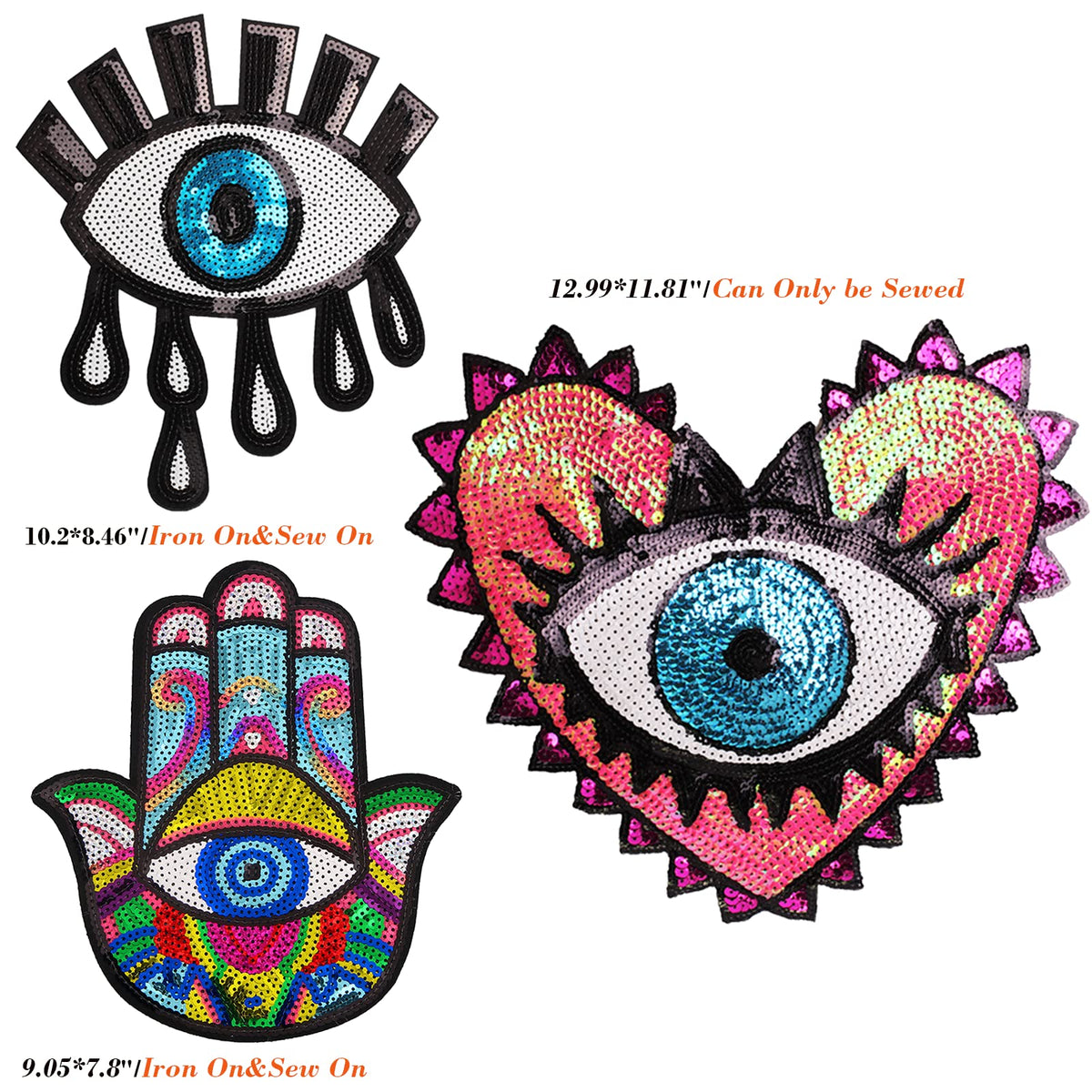 Joynaamn 3PCS Evil Eye Sequin Patches Sewing on/Iron on, Large Embroidered Decorative Appalique with Sewing Kit for Clothes Jacket Backpack Hat, Suitable for DIY/Arts/Crafts Projects