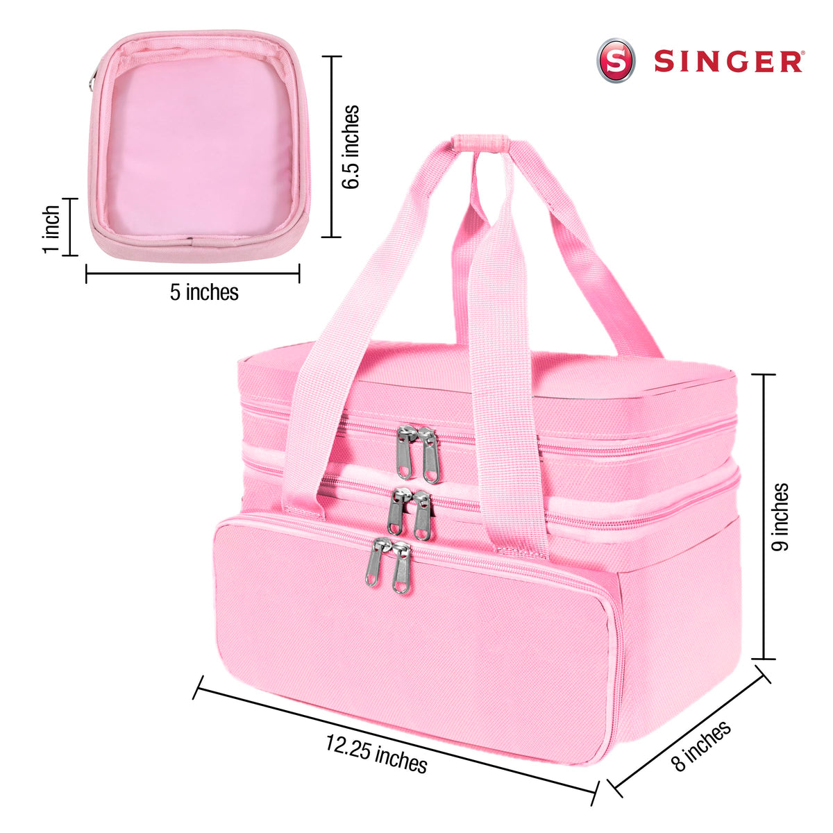 SINGER Sewing Accessories Organizer (Bag Only) – Double Layer Portable Sewing Storage Bag | 2 Detachable Pouches and 18 Compartments, Large Sewing Supplies & Crafting Carry-all (Pink)