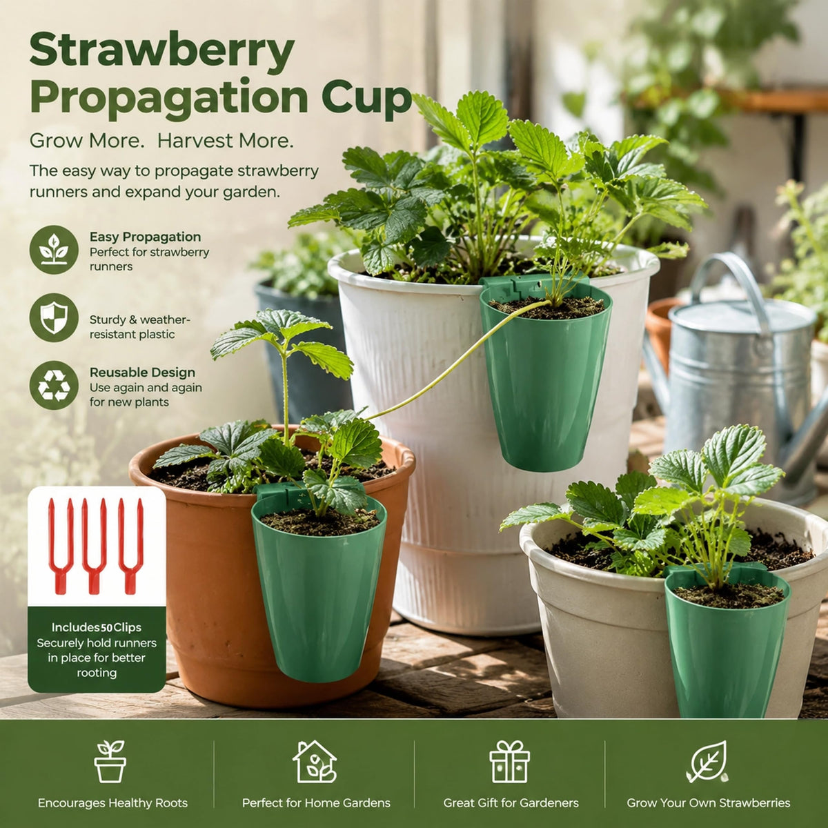 Ginwrek Strawberry Propagation Cups, 20 Pack Large Plastic Plant Cups with 50 Runner Forks Breathable Pots for Berry Plant Rooting, Space-Saving Hanging Design, S