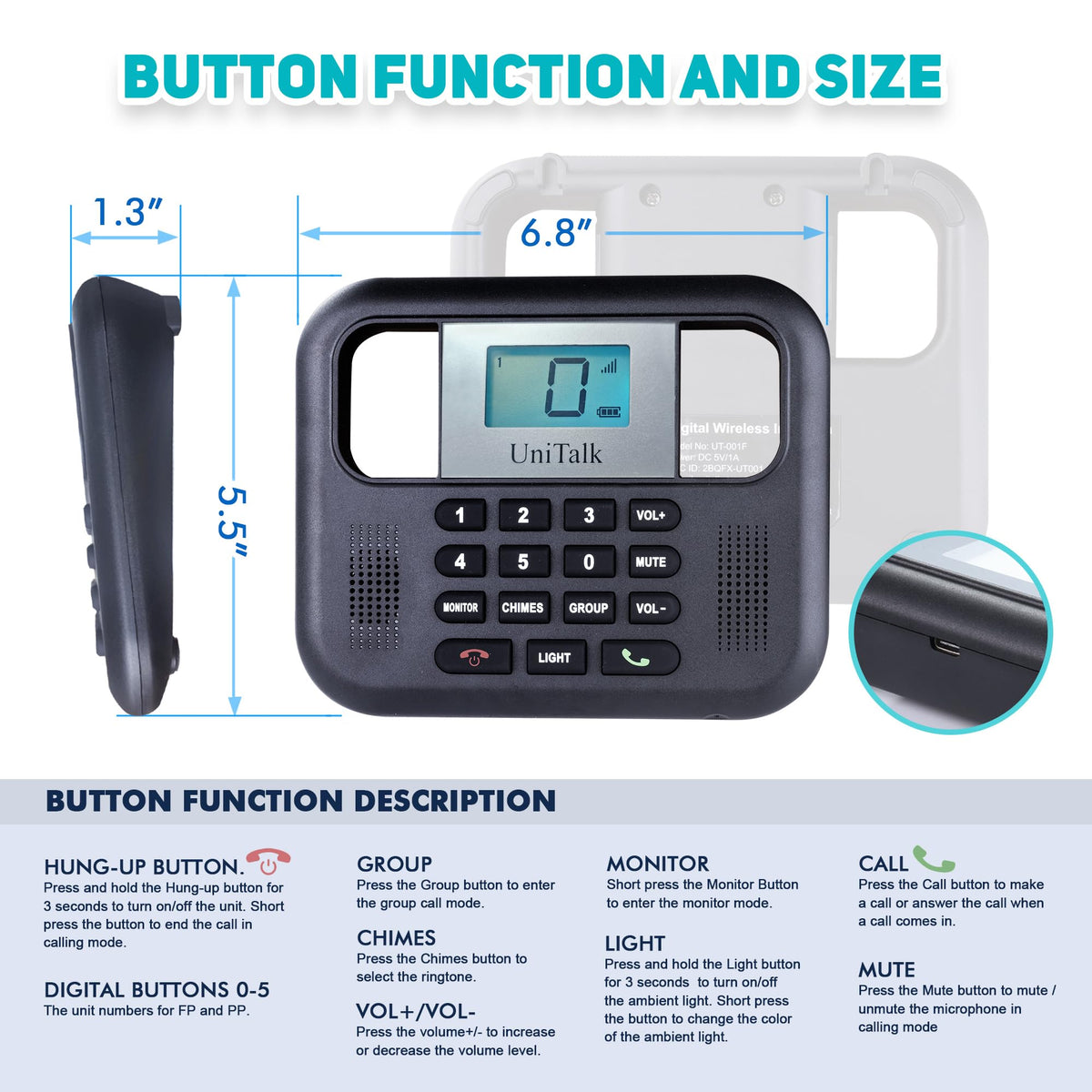 UniTalk Wireless Intercoms for Home & Office, Two-Way Real-time Full-Duplex Voice System with Offline Voice Control & Monitor Function, Clear Sound, Up to 800 Meters (1/2 Mile) Range (UT-001-1F2P)