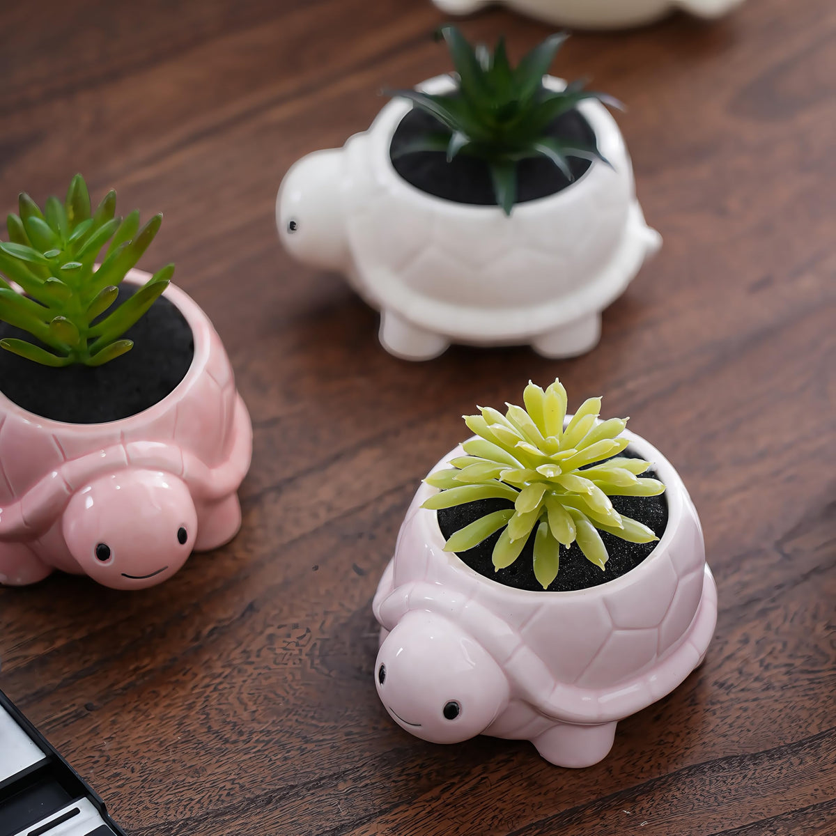 SJBAG Turtle Shaped Ceramic Succulent Planter with Drainage Holes, Hand - Painted Animal Pot for Indoor Cactus & Succulents, Unique Home Decor & Gift (4.3" Blue)