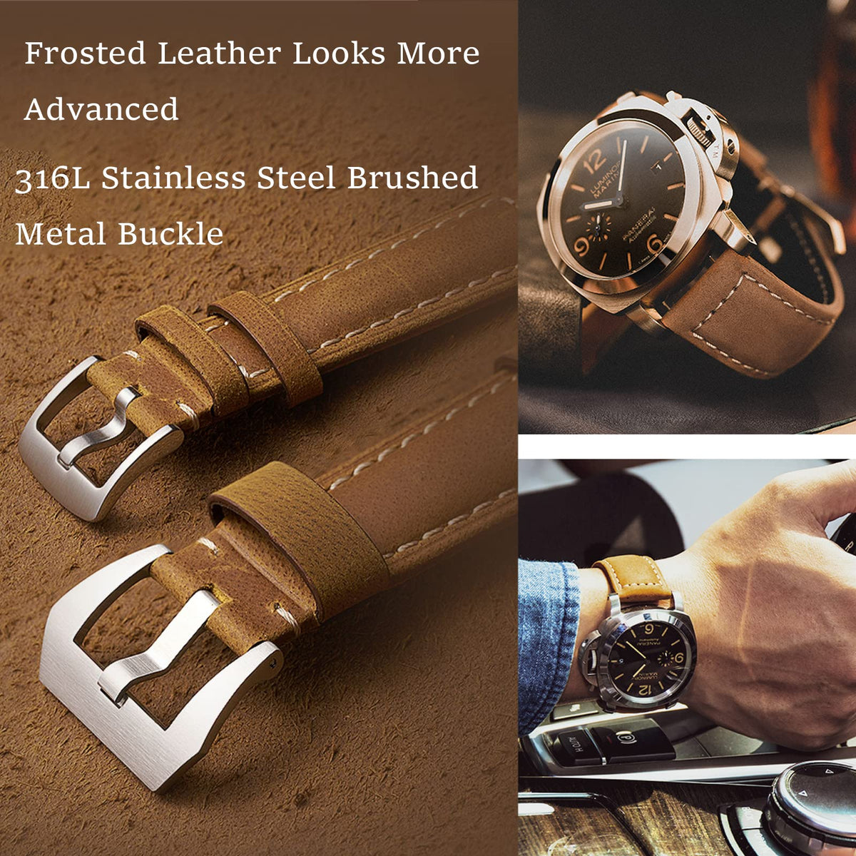 Niziruoup 24mm Leather Watch Bands for Men, Vintage Top Grain Leather Watch Strap Compatible with Panerai Watch Band, Genuine Leather Bracelet Watch Replacement Band, Khaki