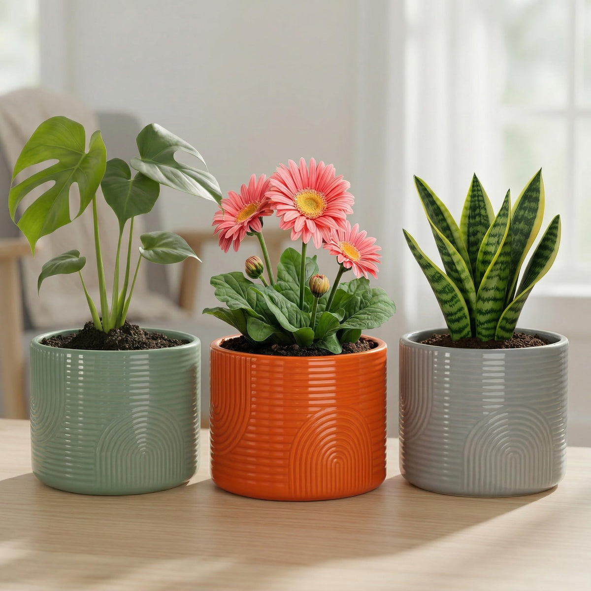 ÈMJÉ LUXE 6 Inch Ceramic Plant Pot – Decorative Indoor Planter (No Drainage Hole) for Succulents, Herbs & Houseplants – Modern Tabletop Desk Planter – Sage Green