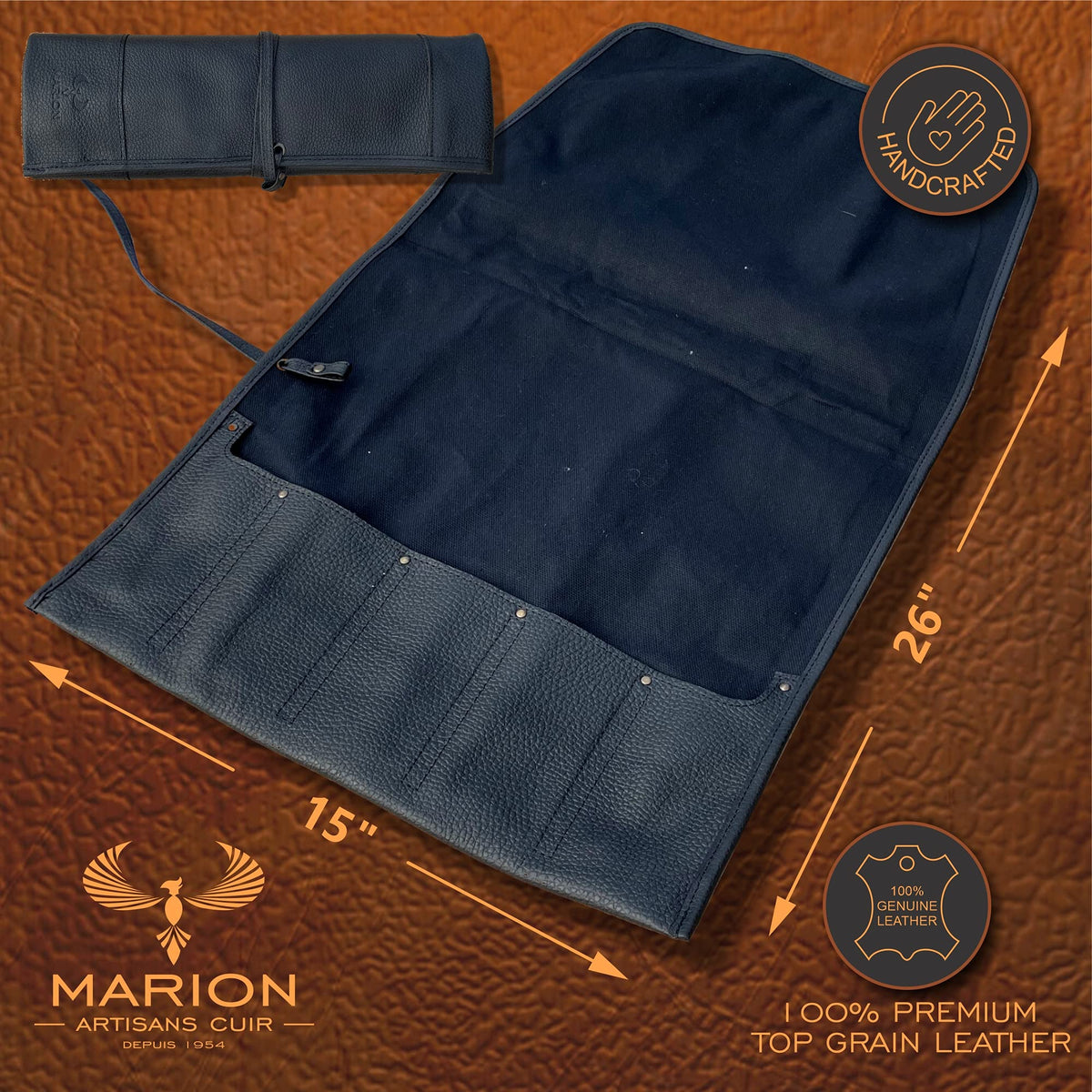 MARION - LA PETITE - Genuine Calf Top Grain Black Leather - Handcrafted Professional Chef's Knife Storage Roll Bag - 5 Pockets