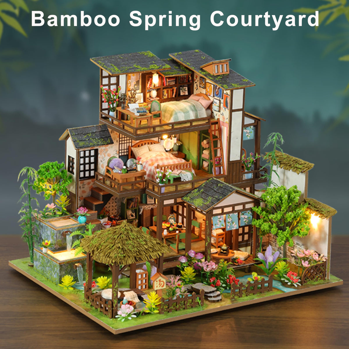 ISSEVE DIY Miniature House Kit, Tiny House Dollhouse Kit for Adults, Mini House Building Kits, Miniature Kit Adult Craft Diorama Kit Home Bookshelf Decoration, Birthday Gifts (Bamboo Spring Courtyard)