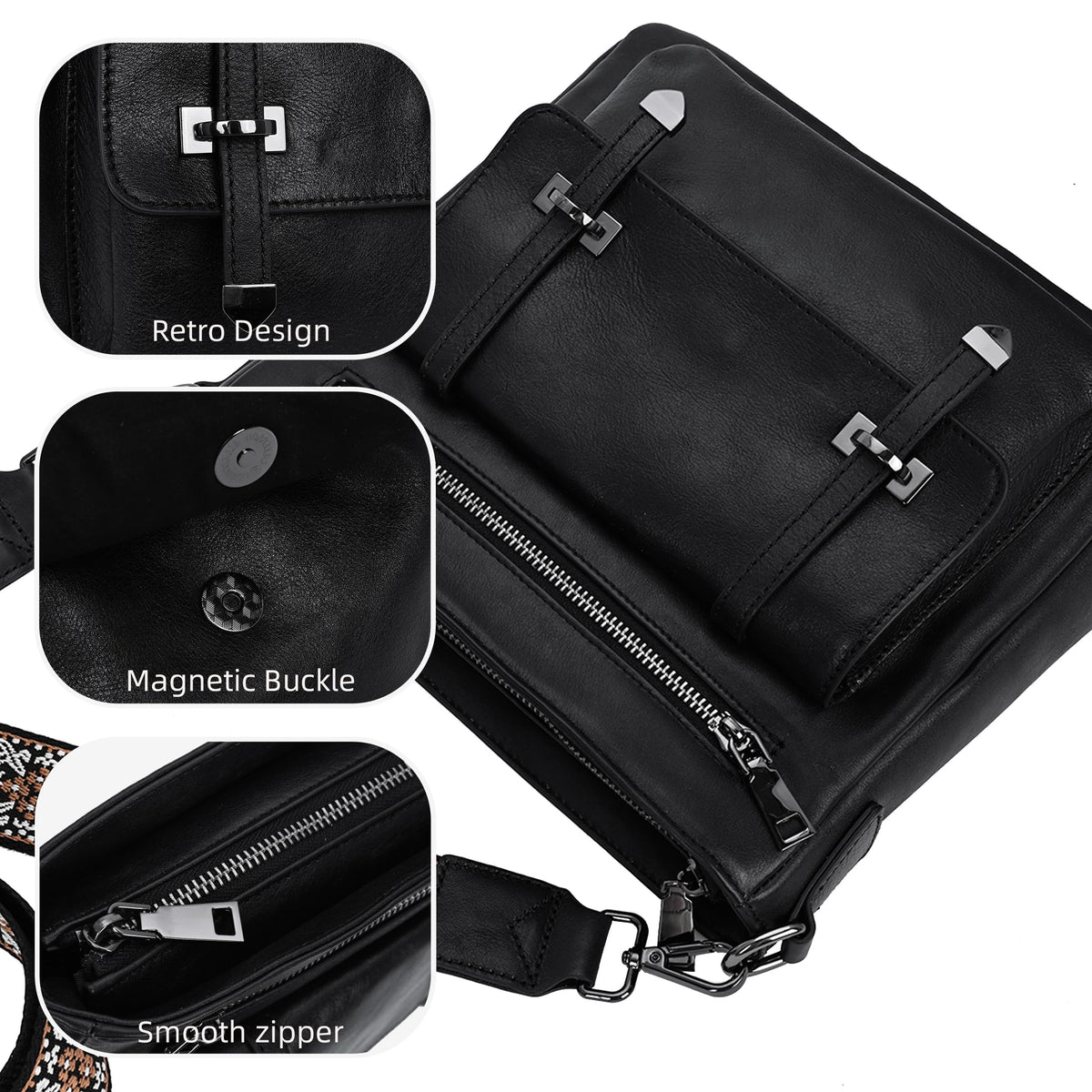Iswee Soft Leather Crossbody Bags for Women Shoulder Handbags Multi Pocket Travel Purse with Adjustable Strap Medium Size (Black)