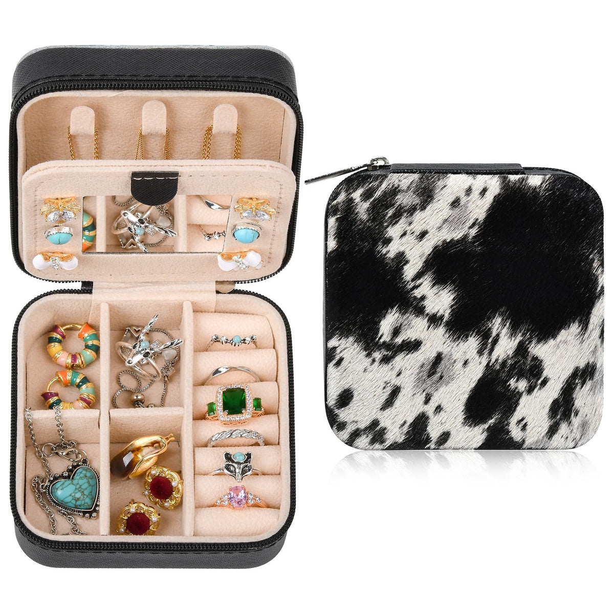 DEEKA Western Jewelry Box Case Real Leather Cow Print Cowhide Tooled Travel Jewelry Organizer Gifts Christmas Gifts for Women Country Girls Cowgirl Stuff Portable Travel Accessories -Black