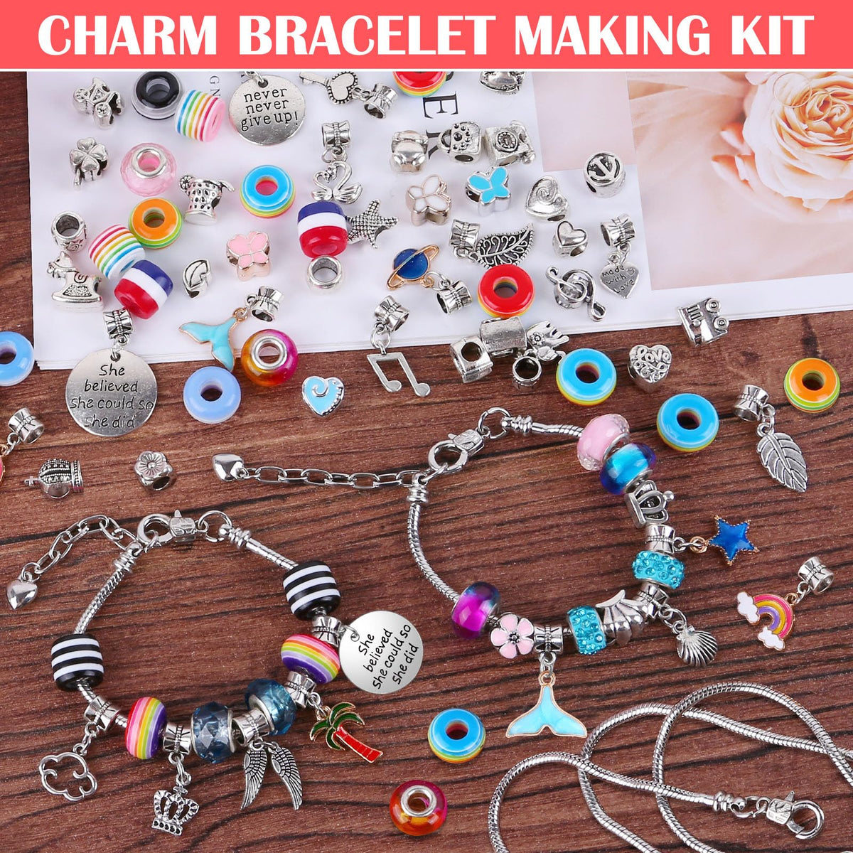 Acejoz 85 Pcs Charm Bracelet Making Kit, DIY Charm Bracelets Beads for Adults and Beginner Jewelry Making Kit