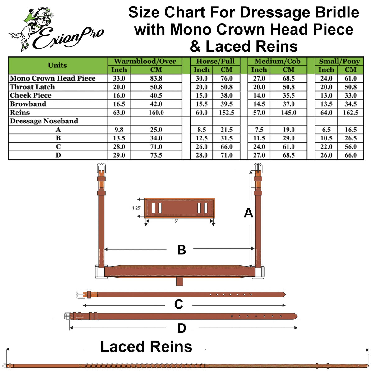 Exion Dressage Bridle with Anatomic Mono Crownpiece, Crank Noseband, Browband and Hand Stopper Reins for Horses
