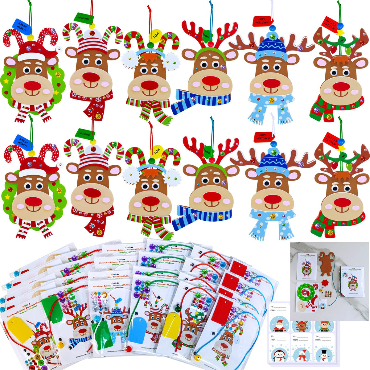 Winlyn 24 Sets Christmas Craft Kits Winter Crafts DIY Xmas Reindeer Head Ornaments Decorations Festive Foam Stickers Christmas Arts and Crafts for Kids Holiday Home Classroom Activities Party Favors