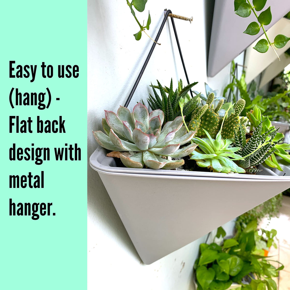 LaLaGreen Bundle - 12" x 6 Pack Gray Large Self Watering Wall Hanging Planters for Indoor Plants Gray Wall Mount Triangle Geometric Flower Vase Pot Black Metal Hanger Living Wall Decor