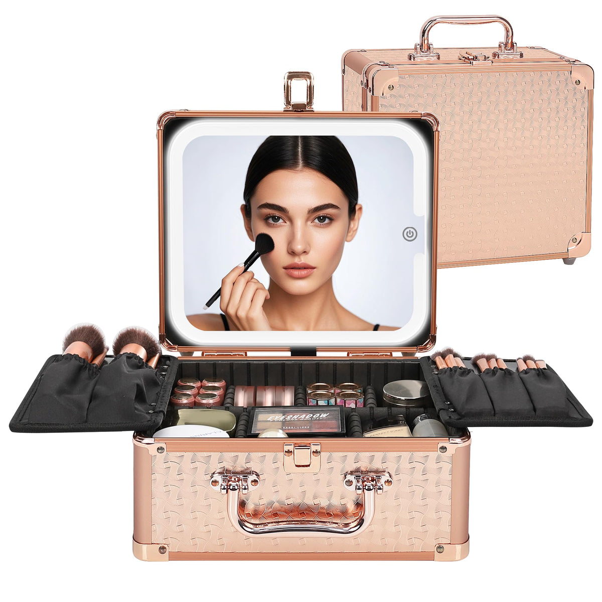 Relavel Makeup Bag with LED Mirror, Makeup Box Travel Train Case with Rechargeable Lighted Mirror, Cosmetic Brush Organizer Storage for Makeup Artists Gifts for Women and Girls, Rose Gold